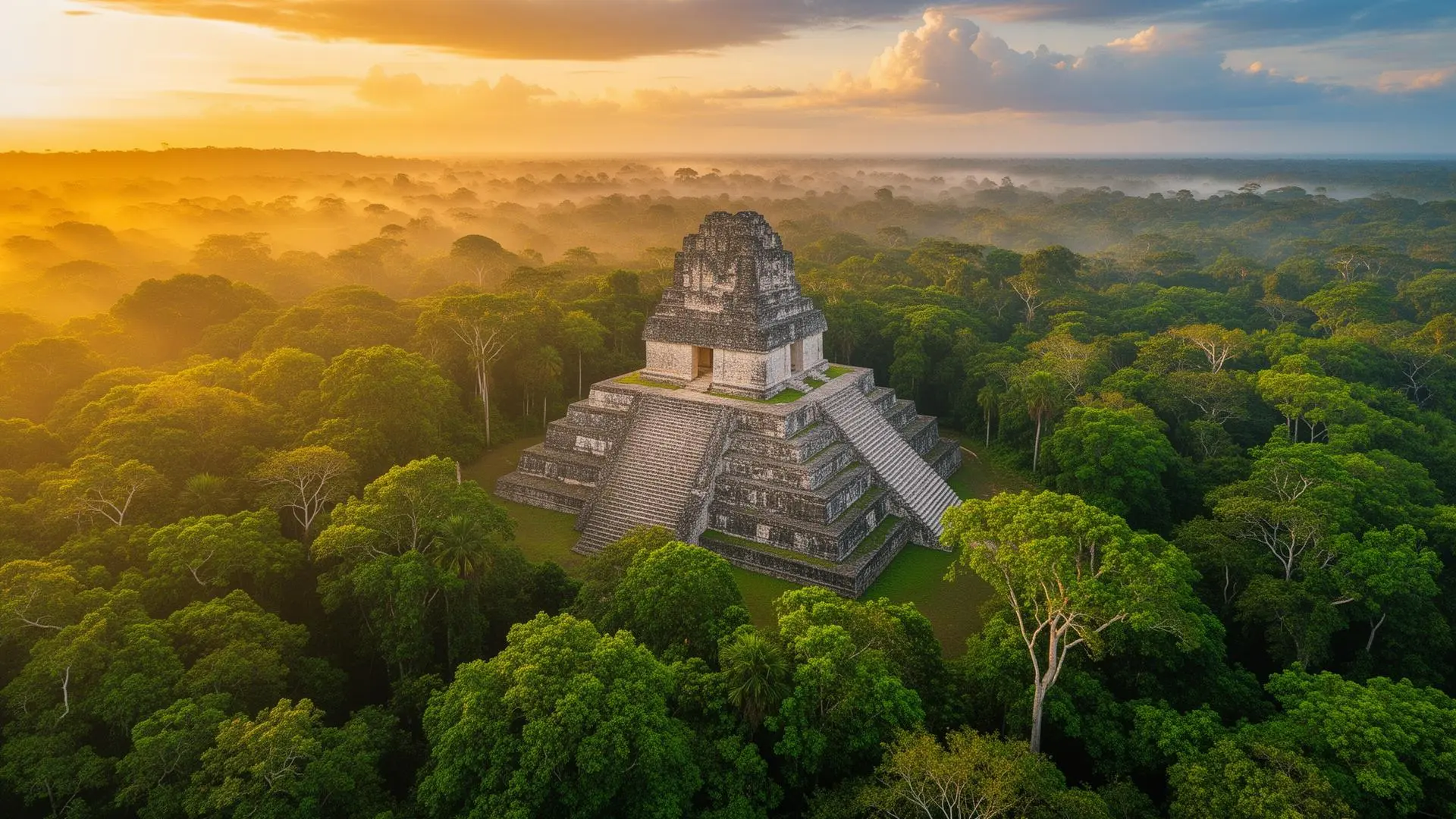Templo maya de Tikal emergiendo de la selva guatemalteca al amanecer
